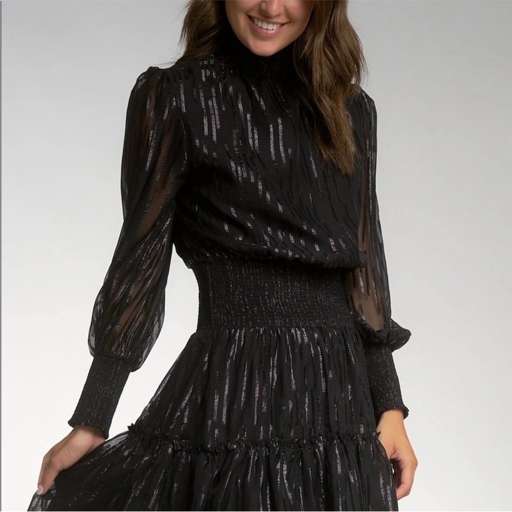 NWT Elan dress Black shimmer cocktail smocked details ruffle 
 S M‎ party